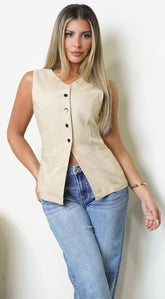 Kylie Button Down Linen Vest - Beige